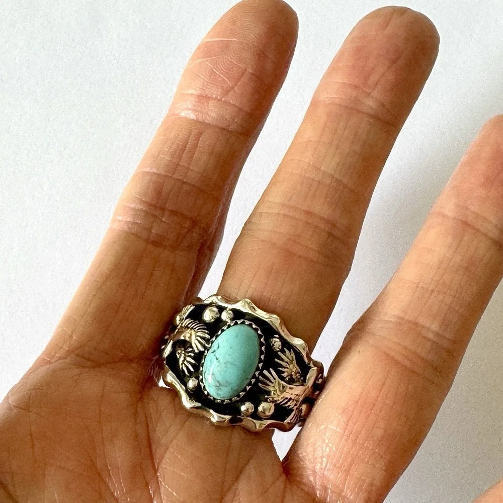 Navajo Eagle Mens Band Sz 13 Ring Turquoise Sterling Francisco Native American‎